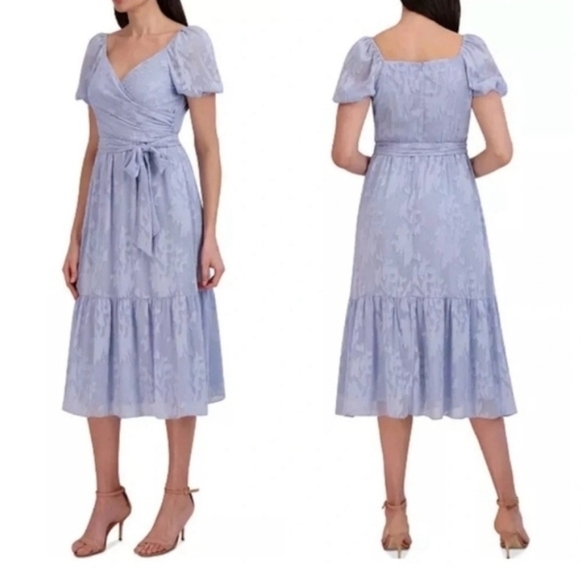 julia jordan Dresses & Skirts - Julia Jordan Sky Blue Puff Sleeve Midi Dress Wrap Style (SIZE 10)